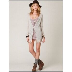 Vintage Free People Lace Trim Slub Knit Linen Hipster‎ Boho Gypsy Cardigan XS
